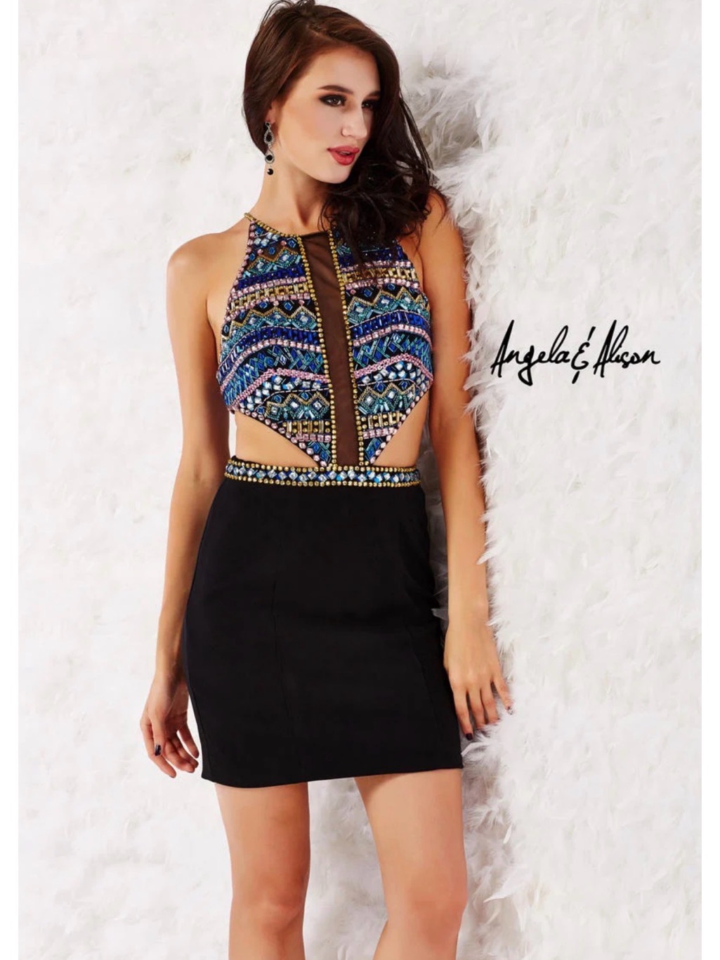 Angela & Alison Black Mini Dress With Multicolor Beaded Halter